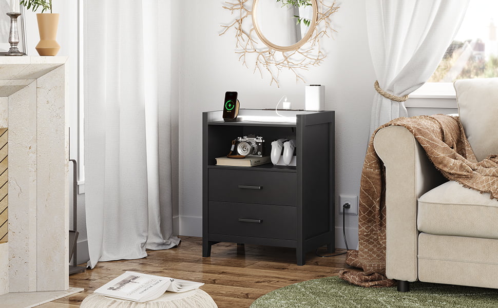 Black Nightstands for Bedroom with LED Light and Charging Station, 2 Drawers Bedside Table