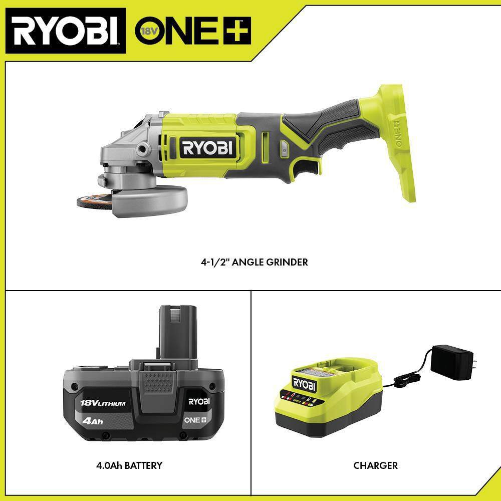 RYOBI ONE+ 18V Cordless 4-12 in. Angle Grinder Kit with 4.0 Ah Battery and Charger PCL445K1