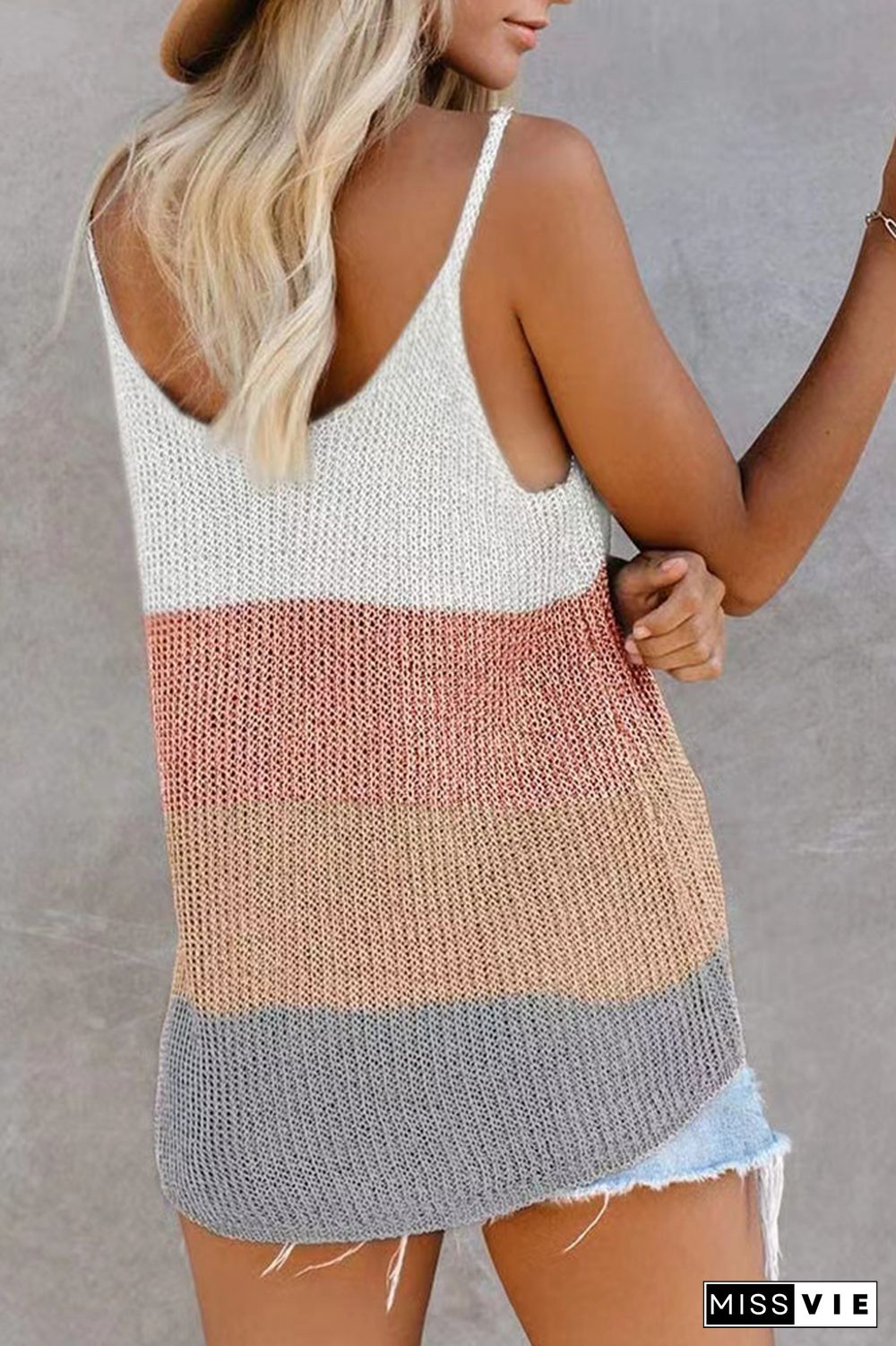 Color Block and Plain U Neck Knit Tank Top