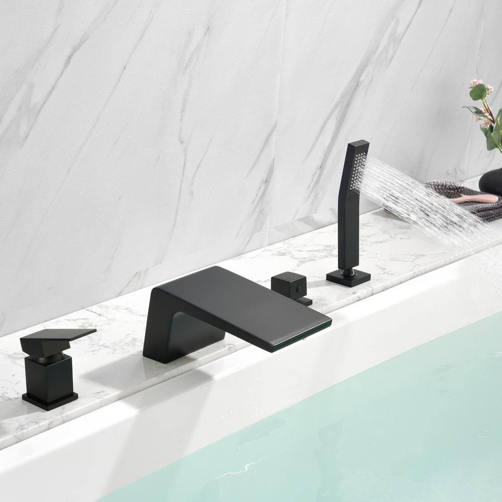 Zalerock Waterfall Single-Handle Deck-Mount Roman Tub Faucet with Hand Shower in Matte Black SSLTC0502B