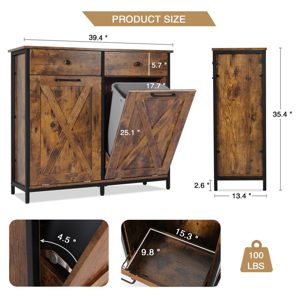 Eclife 39.4 Double Style Tilt Out Trash Cabinet Dual Rustic Wooden Kitchen Trash Cabinet with Barn Door and Solid Hideaway Drawer