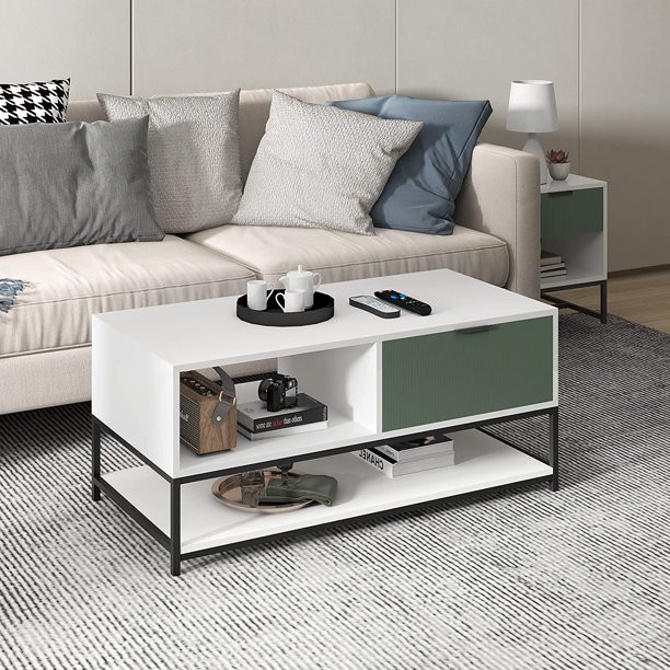 Watson Wood Coffee Table Steel Frame With Shelves and Drawer   Contemporary   Coffee Tables   by Lilola Home  Houzz