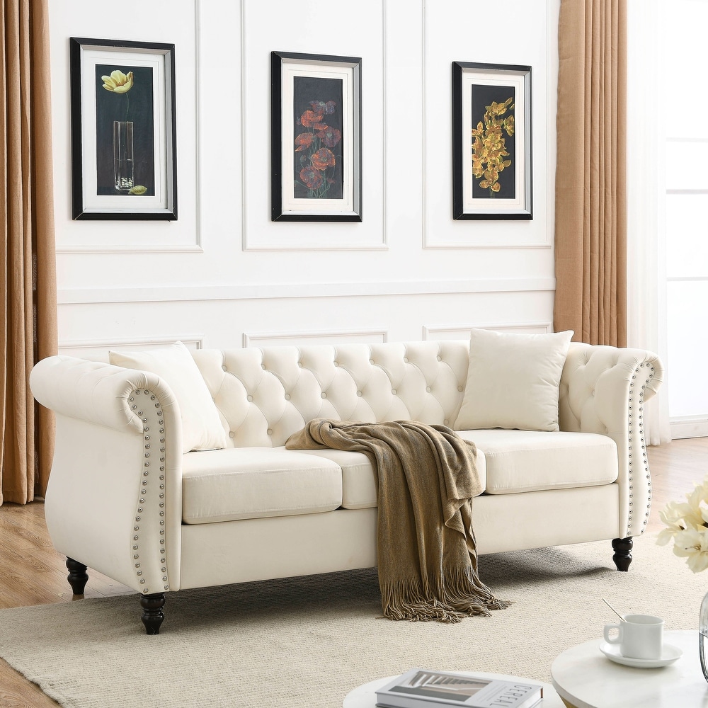 Velvet Chesterfield Sofa Set with Nailhead Trim and Tufted Low Back (Includes Pillows  3 Seater + Loveseat)