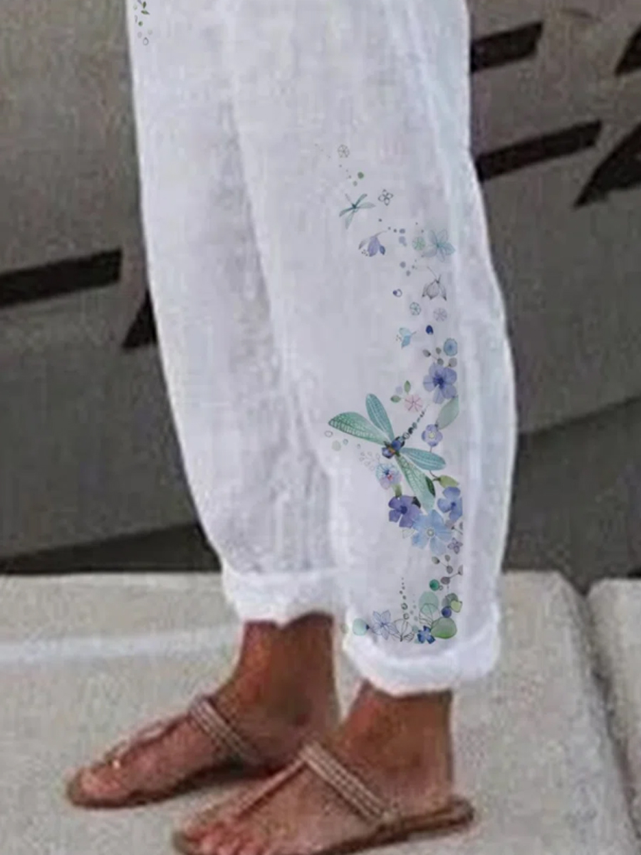 Loose Cotton And Linen Dragonfly Print Pants