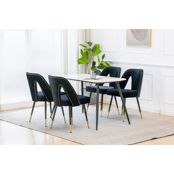 Modern | Contemporary Velvet Upholstered Dining Chair with Nailheads and Gold Tipped Black Metal Legs