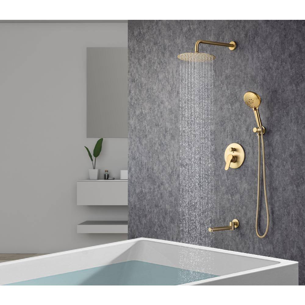 Lukvuzo 14 in. Brushed Nickel 3-Jet Shower System with Tub Spout and Rough-in Valve in Gold SNSA08FS003