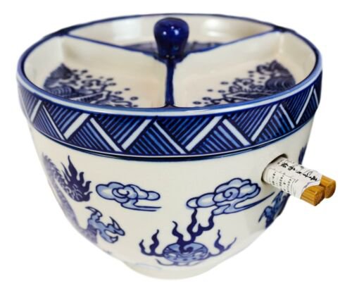 1 Blue White Dragon Ramen Bowl With Tempura Divider Condiment Lid Chopsticks Set EBR02