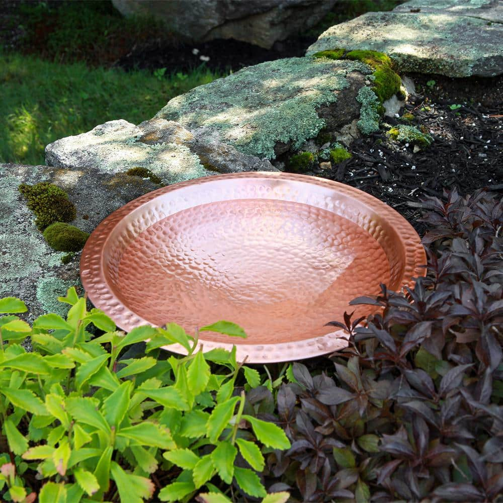 ACHLA DESIGNS 14 in. W Round Satin Hammered Solid Copper Birdbath Bowl with Rim， Garden Accent， Outdoor Accessory BBHC-03