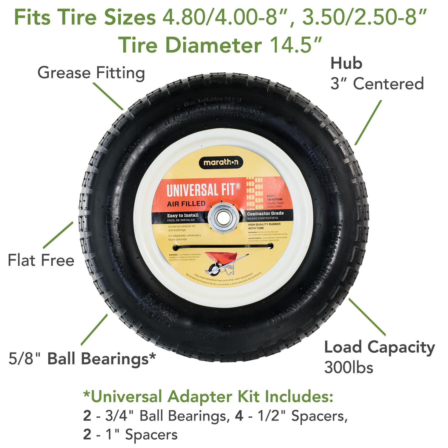 Marathon Universal Fit 8 in. D X 14.5 in. D 300 lb. cap. Centered Wheelbarrow Tire Polyurethane 1 pk