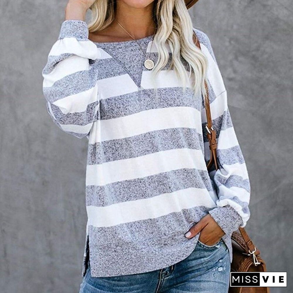 New Women Fashion Long Sleeve O Neck Striped Loose Plus Size Spring Pullover T-shirt Blouse