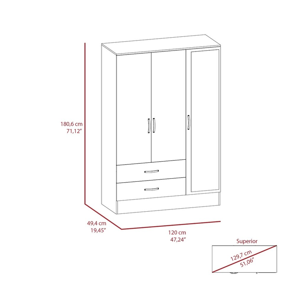 Gangi 120 Mirrored Armoire with 2 Cabinets  2 Drawers  Metal Rod  and 4 Shelves  Black / Light Gray