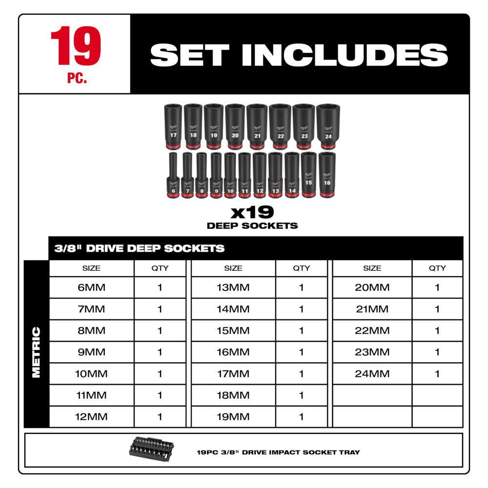 MW SHOCKWAVE Impact-Duty 38 in. Drive Metric Deep Well Impact Socket Set (19-Piece) 49-66-6816