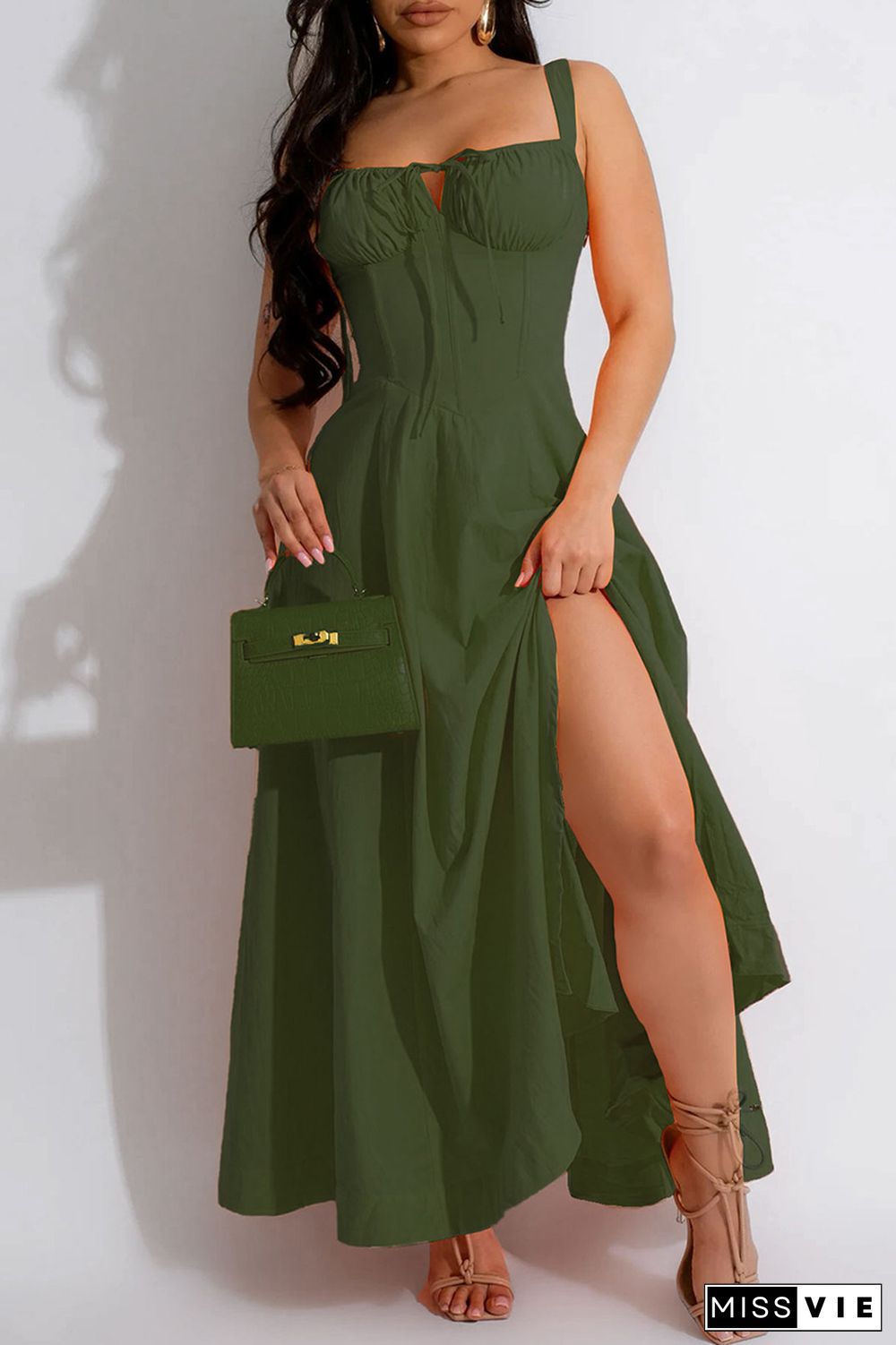 Casual Solid Frenulum Backless Spaghetti Strap Long Dresses