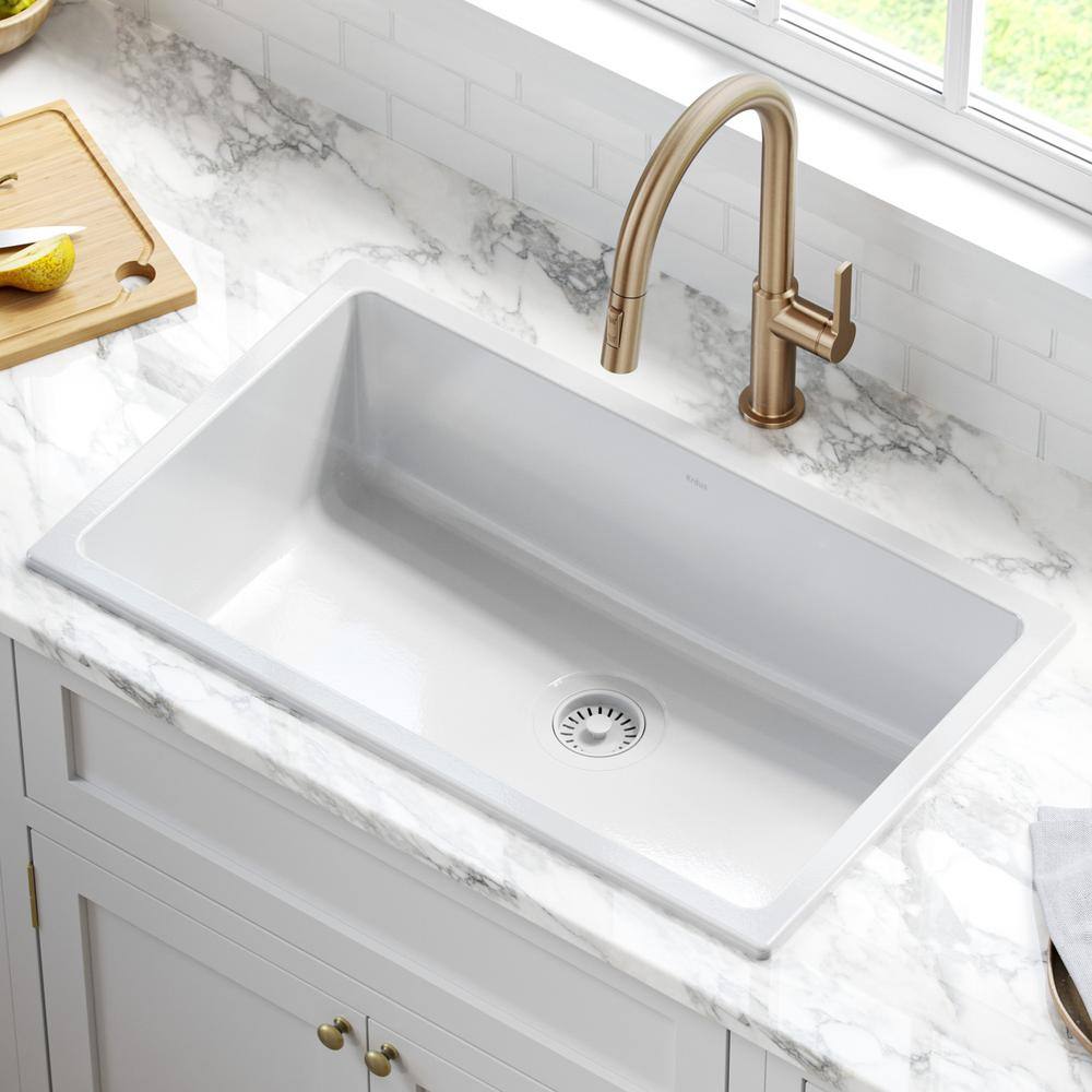 KRAUS Turino White Fireclay 29.88 in. Single Bowl Drop-InUndermount Kitchen Sink KFD1-30GWH