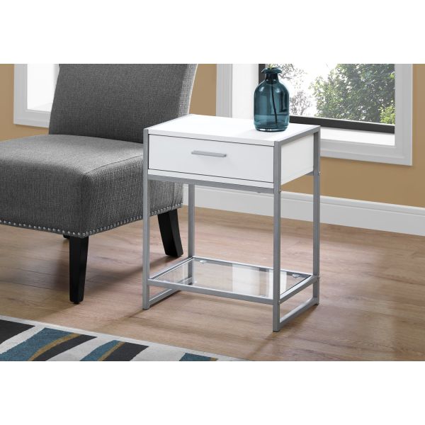 Accent Table， Side， End， Nightstand， Lamp， Storage Drawer， Living Room， Bedroom， White Laminate， Grey Metal， Contemporary， Modern