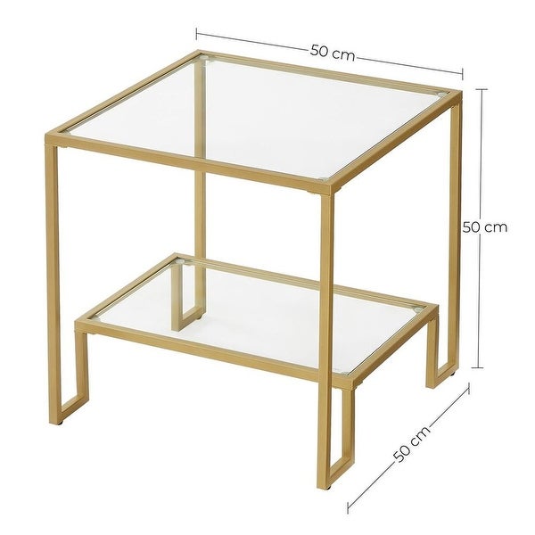 Side Table， End Table， Nightstand， Glass Shelves， Steel Frame， for Living Room Bedroom， 19.7 x 19.7 x 19.7 Inches， Golden