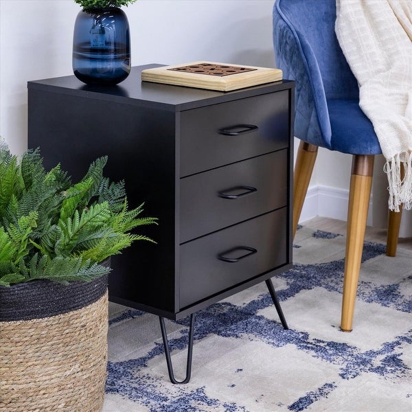 Side Table with 3 Drawers and Metal Hairpin Legs - 23.62 H x 17.56 W x 16.65 L Inches