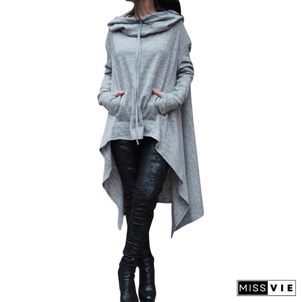 Womens Solid Color Draw Cord Coat Long Sleeve Loose Casual Long Hoodies Sweatshirts Poncho Coat Hooded Pullover