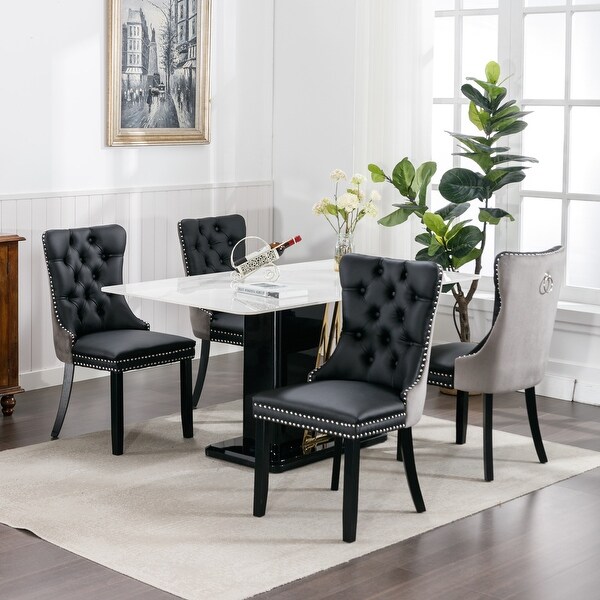 Modern， High-end Tufted Solid Wood Contemporary PU and Velvet Upholstered Dining Chair with Wood Legs Nailhead Trim 2-Pcs Set