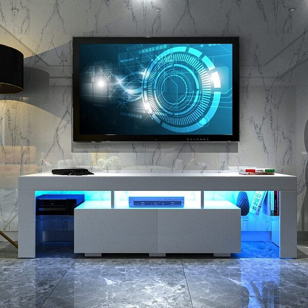 White LED TV Stand， Modern Entertainment Center for 65 Inch TV with 2 Drawer Storage and 2 Open Shelves - as picture