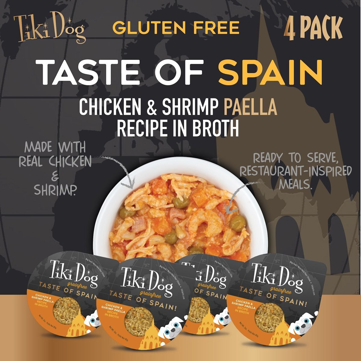 Tiki Dog Taste of Spain Chicken and Shrimp Paella Recipe in Broth Gluten-Free Wet Dog Food， 3-oz cup， case of 4