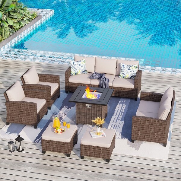 9Seat Patio Furniture Wicker Rattan Outdoor Highback Sectional Sofa Conversation Set with Firepit Table