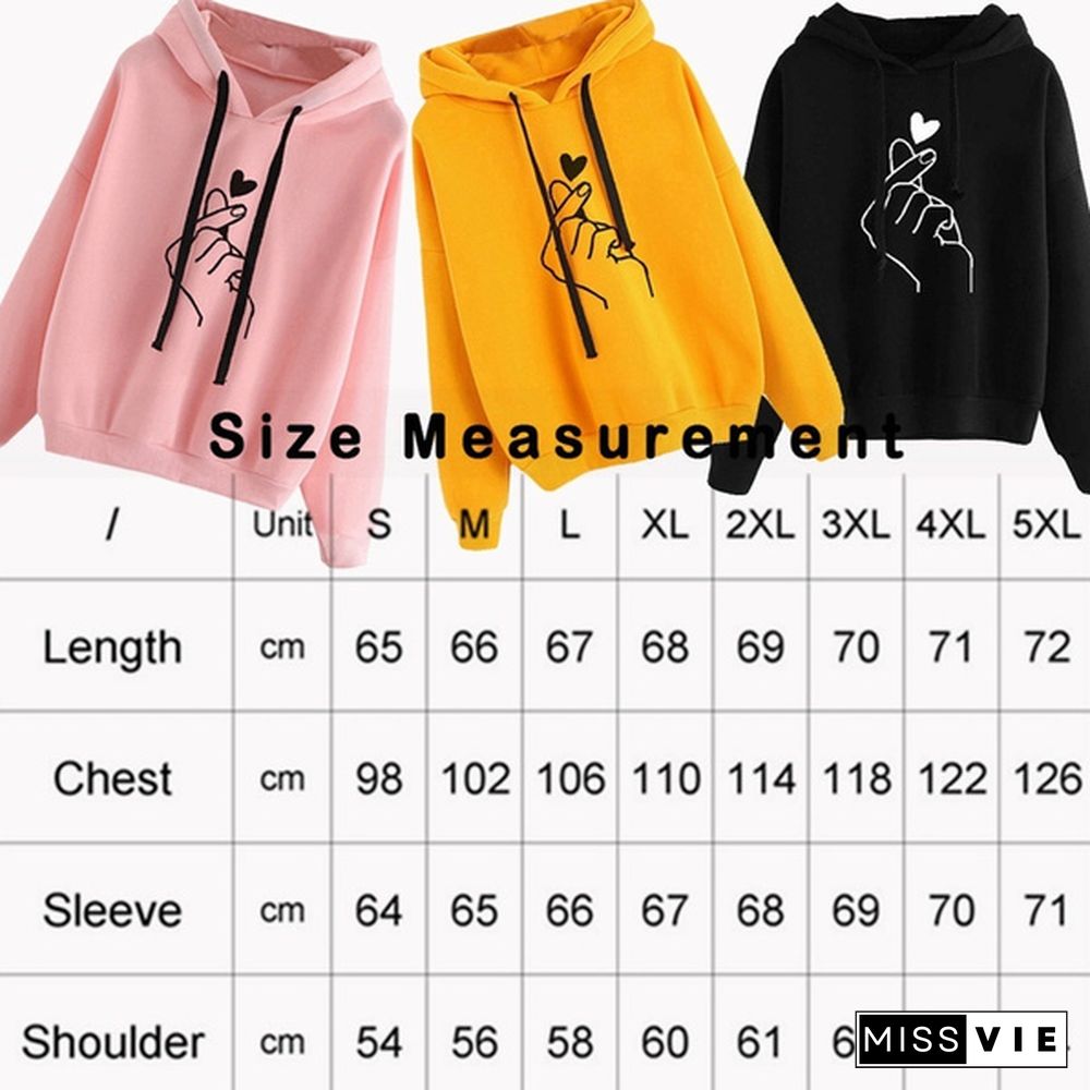 Womens Fashion Long Sleeve Solid Color Printed Heart Hooded Sweater Hoodies Casaul Finger Heart Hooded Pullover Hoodies Sweatshirts Plus Size S-5Xl