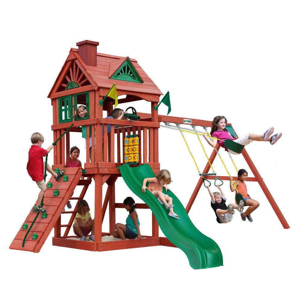 Gorilla Playsets Nantucket II Wooden Outdoor Playset with Wave Slide Rock Wall Sandbox Swings and Backyard Swing Set Accessories 01-0021