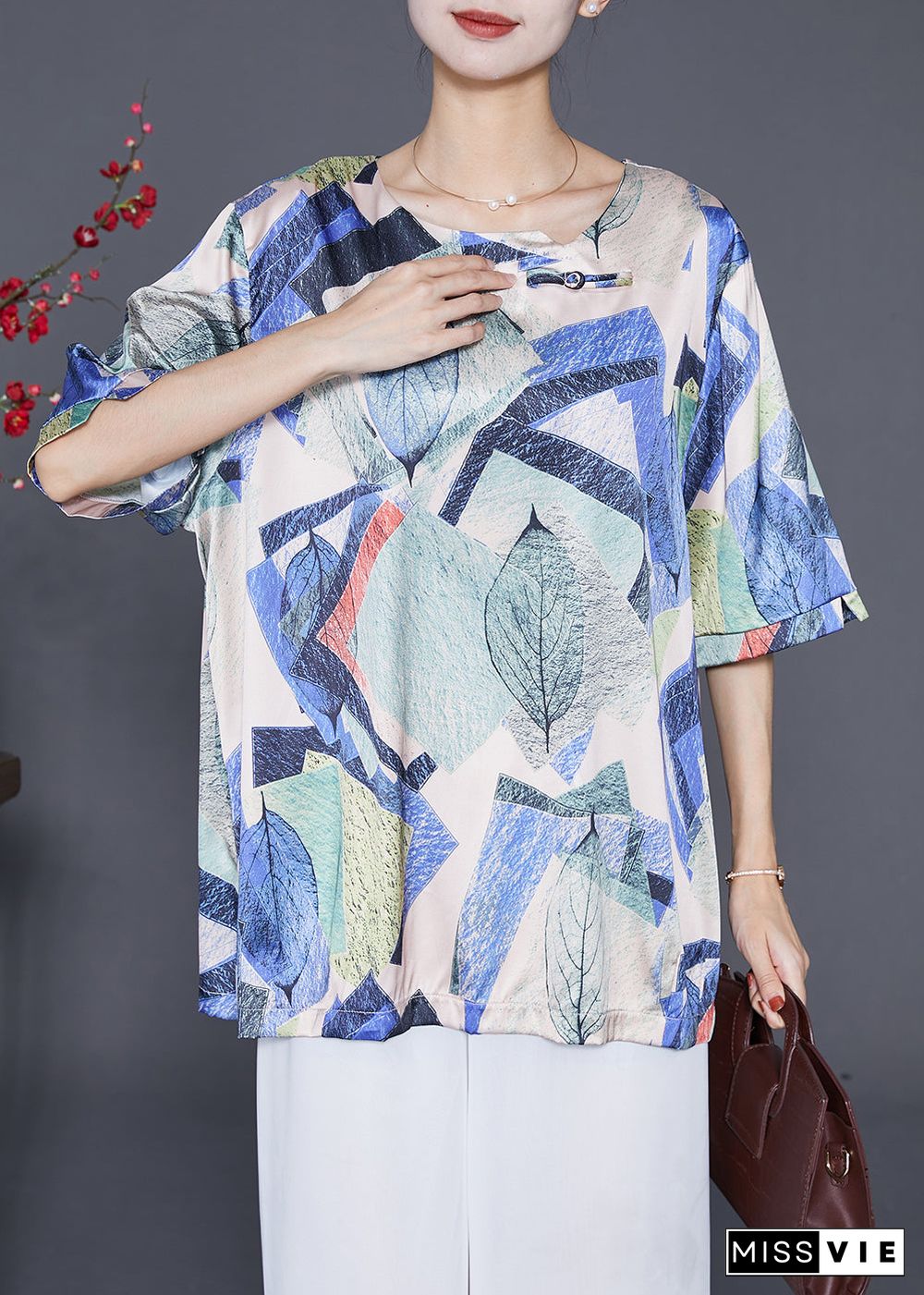 Blue Print Silk Shirt Tops Oversized Chinese Button Summer