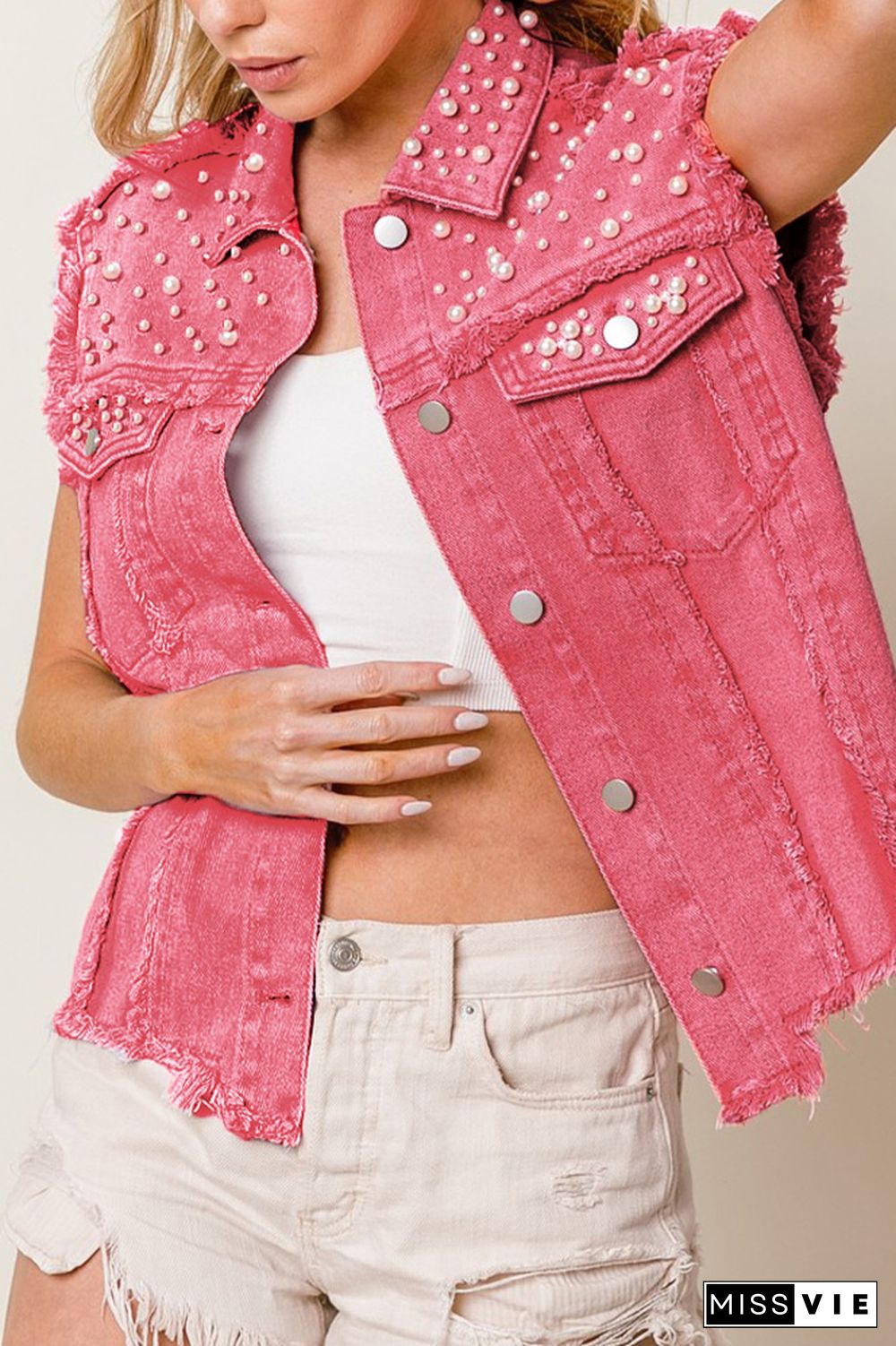 Rosy Rhinestone Raw Hem Sleeveless Denim Jacket