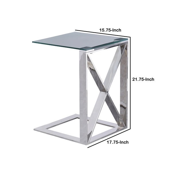 22 Inch Metal X Frame Glass Top Side Table， Silver