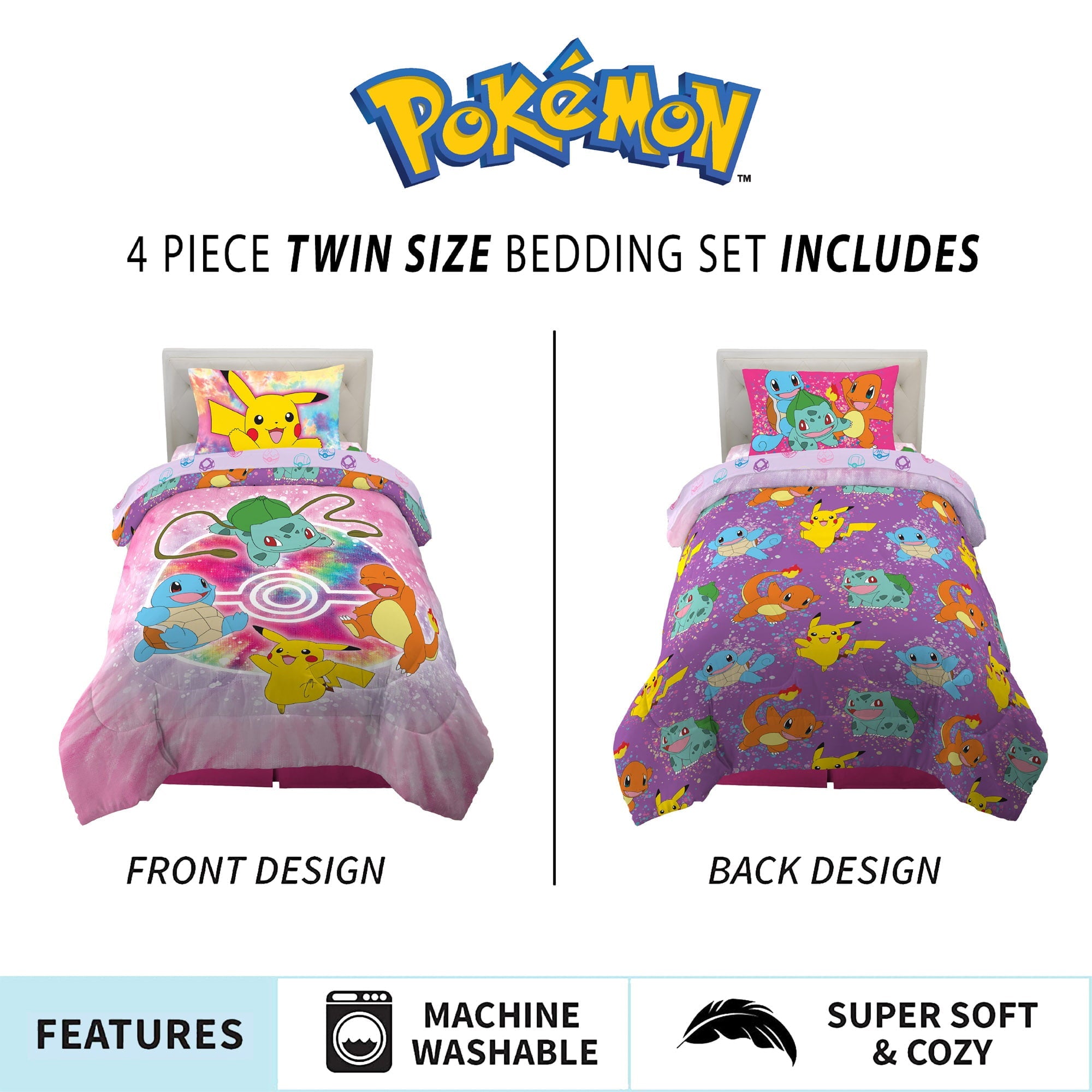 Pokémon Kids Twin Bed in a Bag, Tie-Dye, Gaming Bedding, Comforter and Sheets, Purple