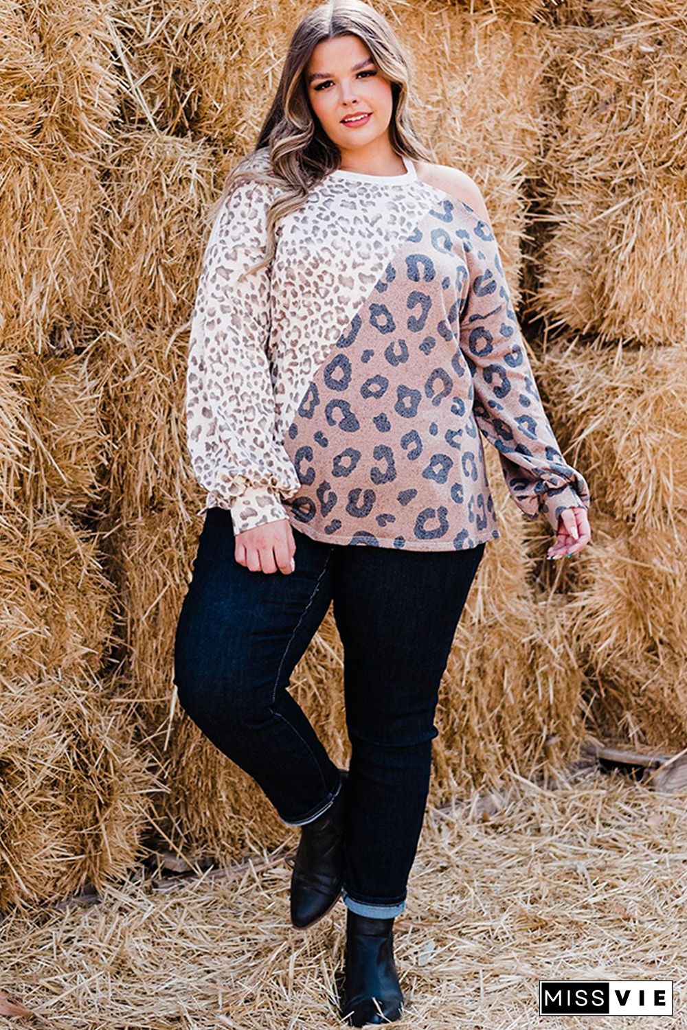 Plus Size Leopard Color Block Asymmetrical Cold Shoulder Top