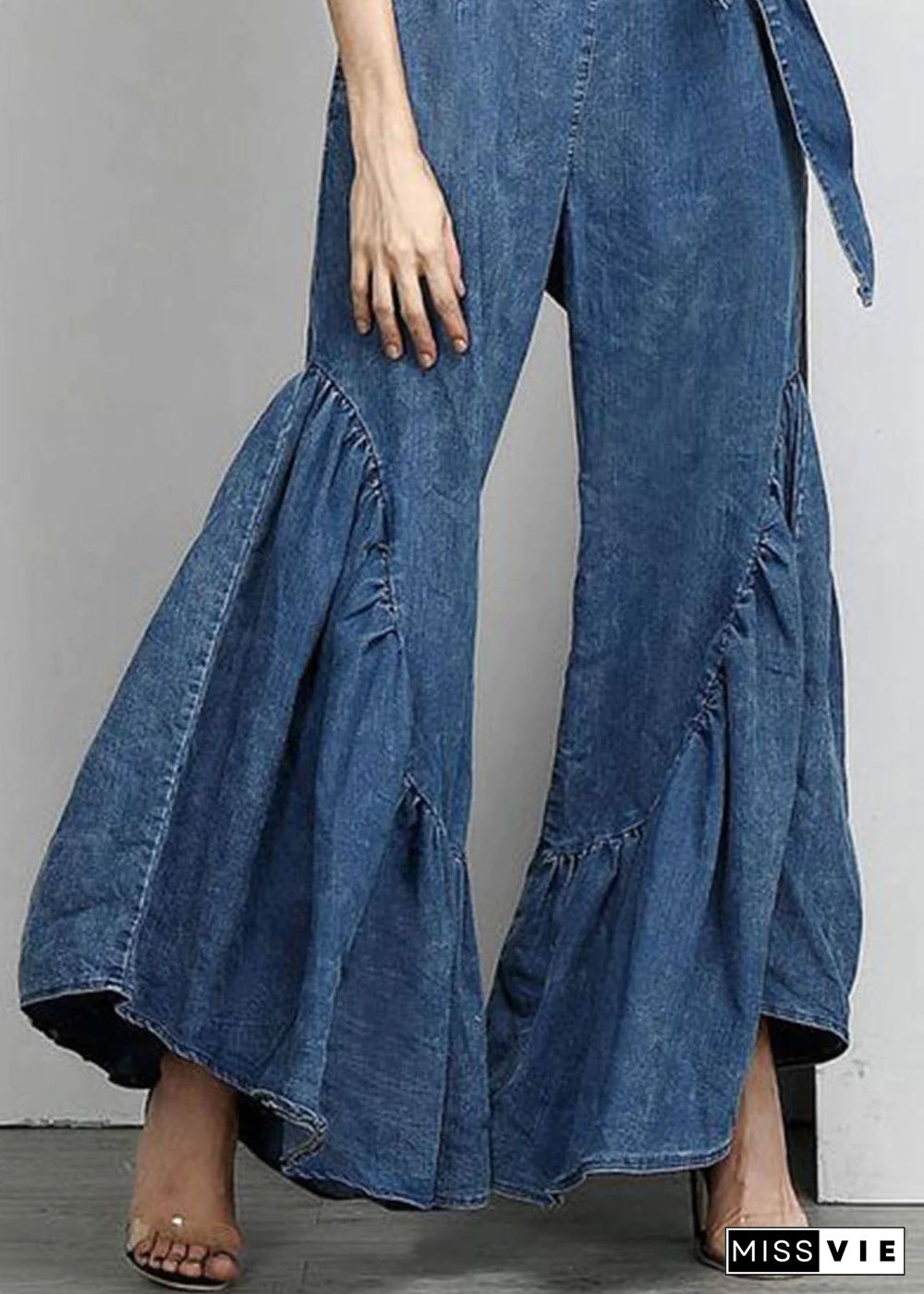 Italian Blue Ruffled Bow Waist Patchwork Denim Pants Summer