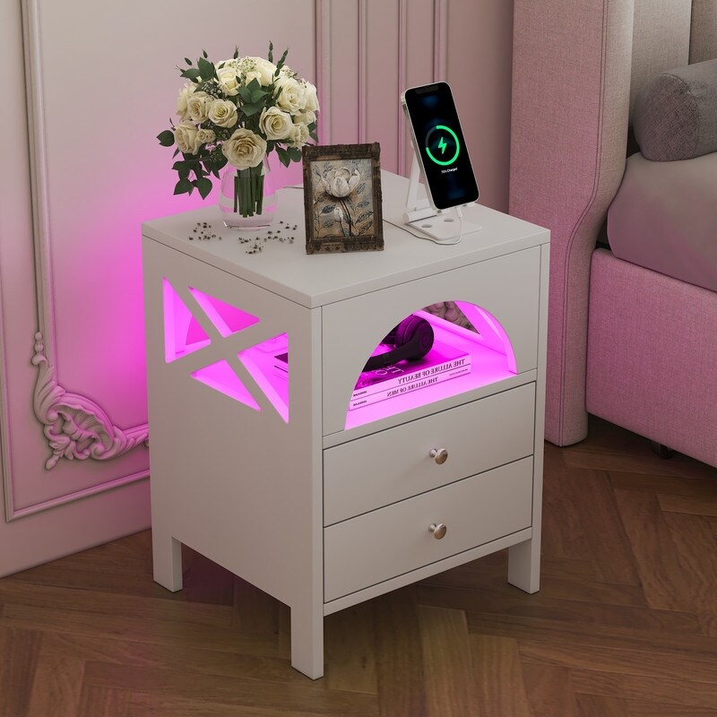 Nightstand with USB Charging Ports and LED Lights End Table with 2 Drawers and Shelf