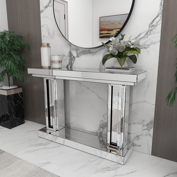 Silver Lighted Crystal Mirrored Glam Console Table 32 x 48 x 14