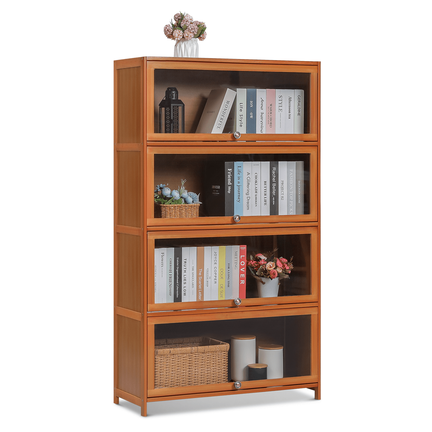 MoNiBloom Bamboo/Acrylic 4 Shelves Bookshelf with Door, Books Toys Storage Bookcase, Brown, for Home