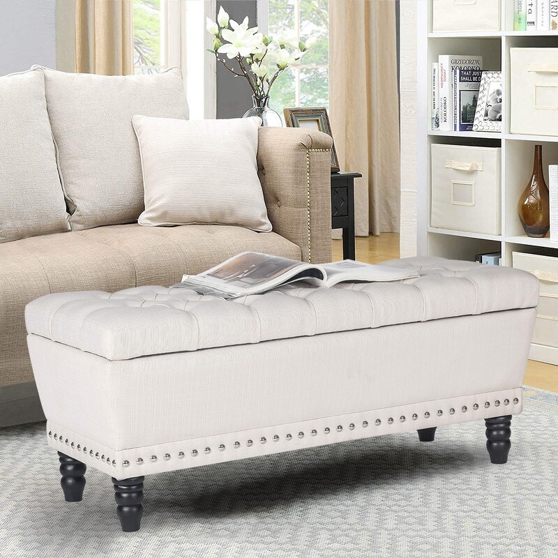 Adeco Button Tufted Trapezoid Storage Ottoman Bench