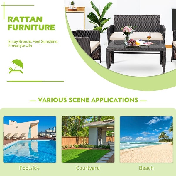 4 PCS Outdoor Rattan Furniture Set w/ Cushioned Chair and Coffee Table - Overstock - 33832107