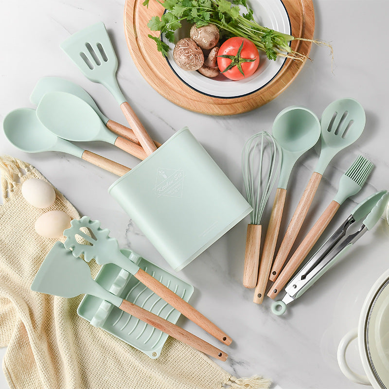 Kitchen Cooking Utensils Set, 11 pcs Non-Stick Silicone Cooking Kitchen Utensils Spatula Set with Holder, Wooden Handle Silicone Kitchen Gadgets Utensil Set