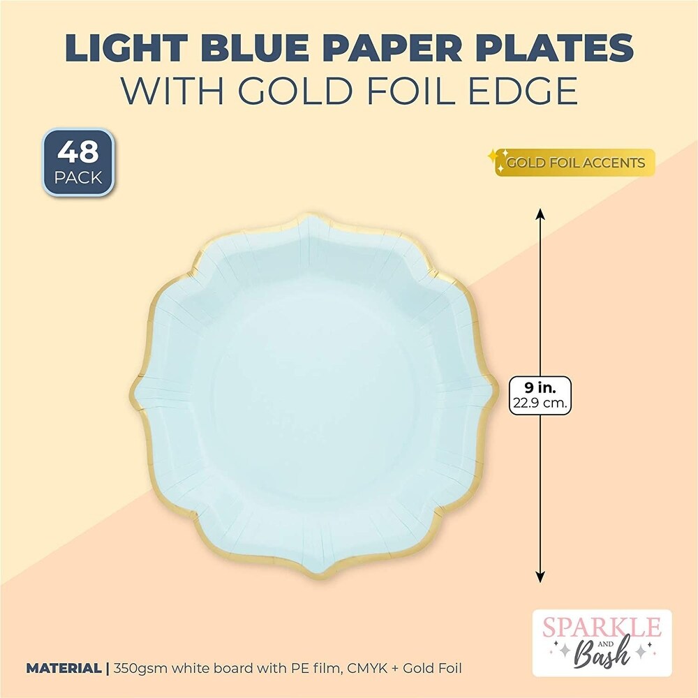 Light Blue Paper Party Plates with Gold Foil Scalloped Edging (9 In  48 Pack)