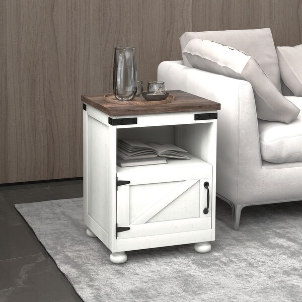 HOMCOM Small Side Table with Storage，Farmhouse End Table with Open Shelf and Cupboard，Modern Sofa Table with Wood Legs