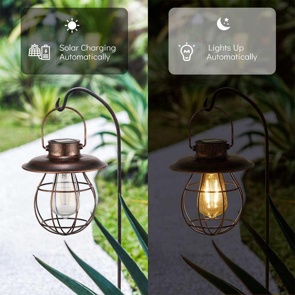 Solar Lantern Metal Hanging Solar Lights Retro Design with Warm Light Edison Bulb for Patio Garden