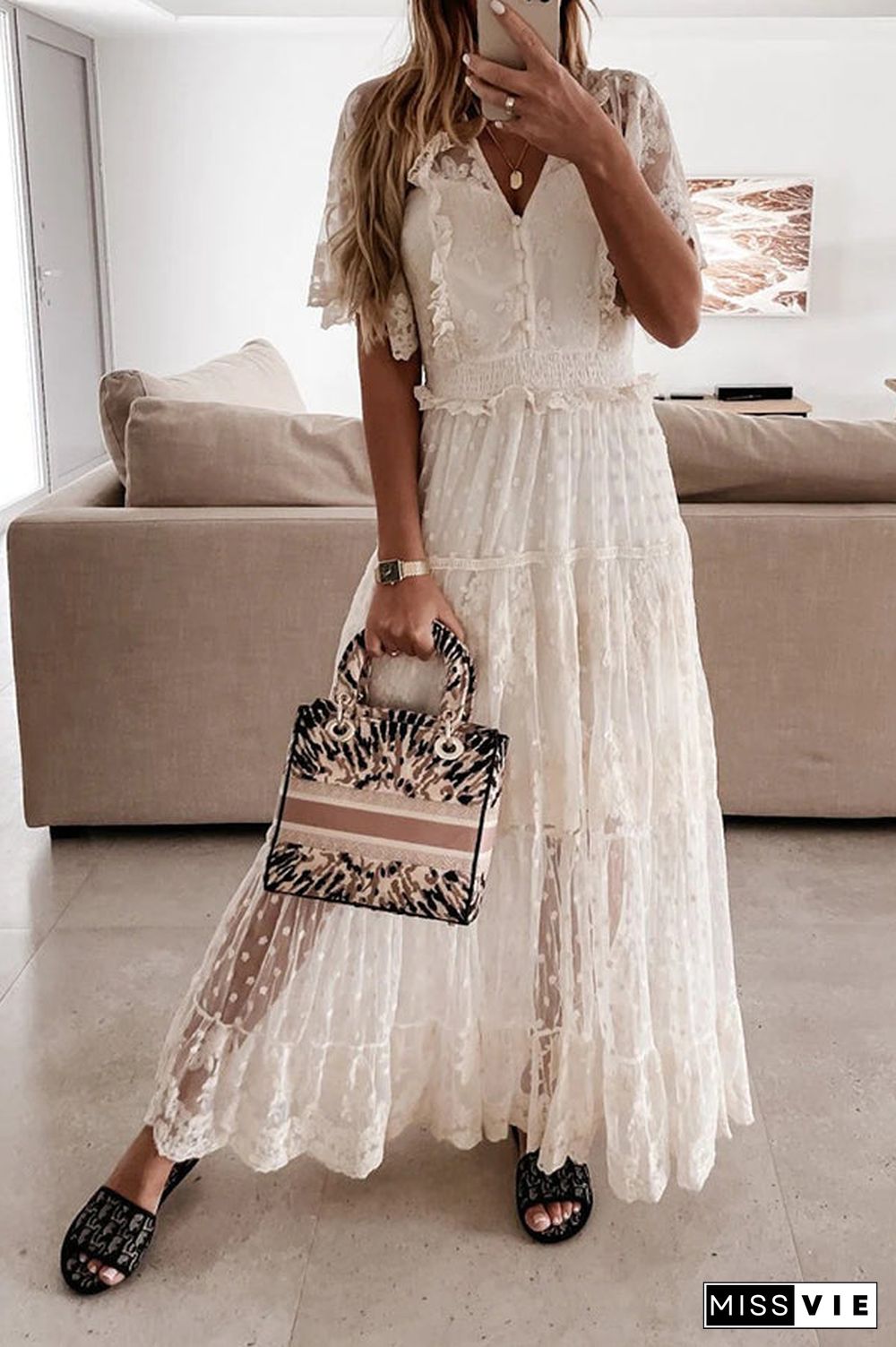 Button Lace V Neck Short Sleeve Maxi Dress