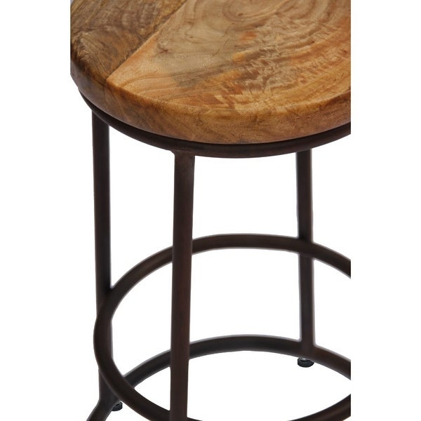 24 Inch Mango Wood Counter Height Barstool With Iron Base， Brown And Black