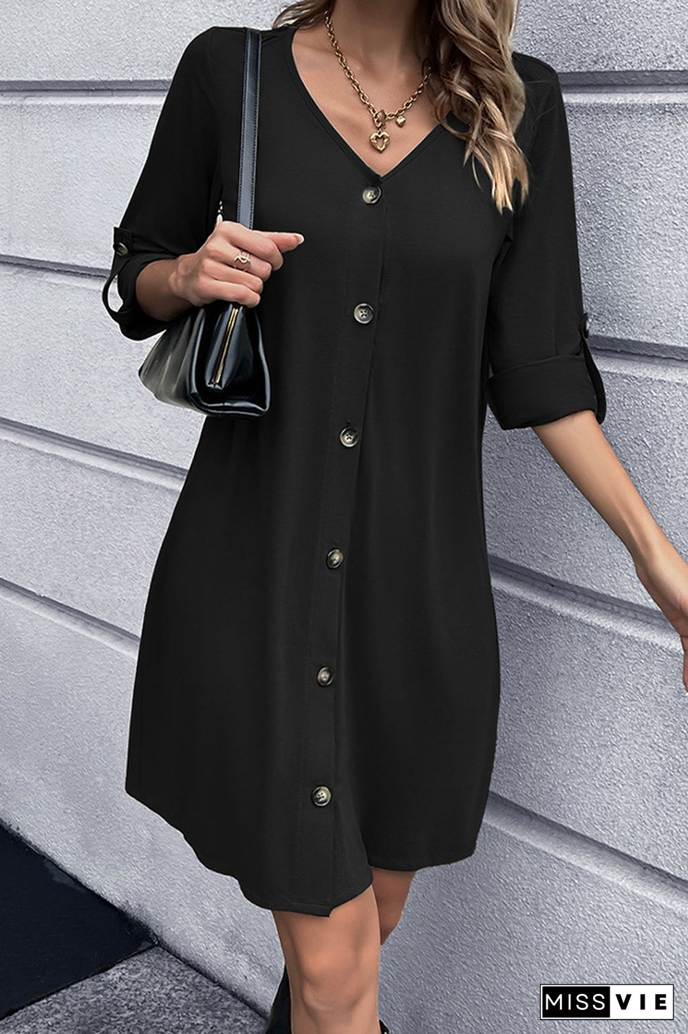 V Neck Front Open Button Long Sleeves Dress