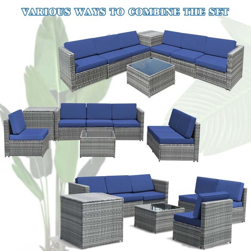 8 Pcs Rattan Patio Sectional Sofa Couch Set Outdoor Wicker Furniture Set with Storage Table & Cushions