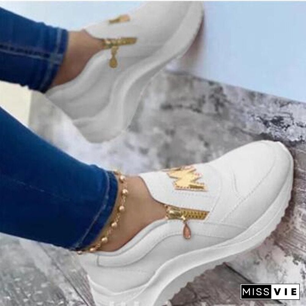 Women Sport Shoes Thick Bottom Solid Ladies Vulcanized Sneakers Casual Wedges Slip On Zipper Shoes Women Platform Sneakers