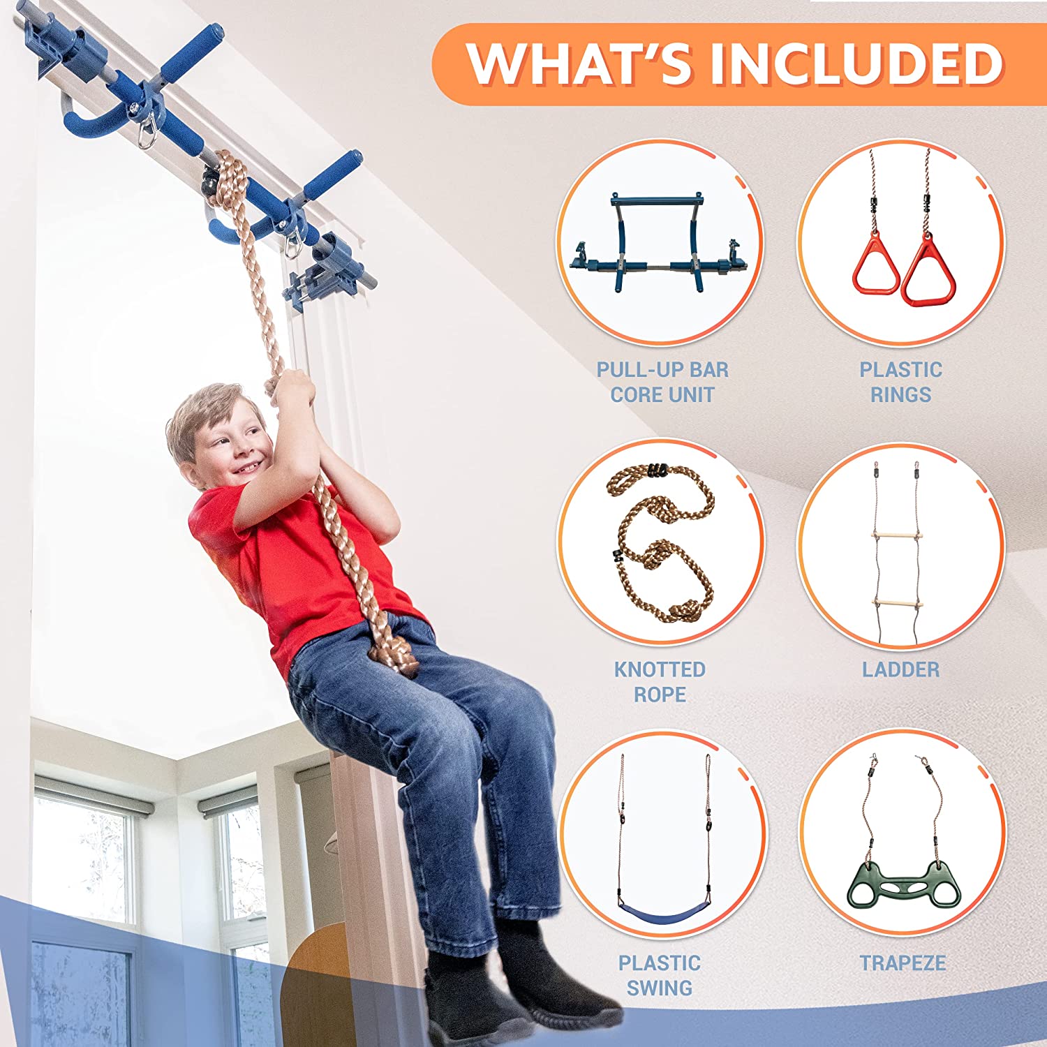 6 Piece Indoor Doorway Gym Set for Kids – Indoor Swing for Kids Includes Kids Swing Chair, Rings, Hanging Trapeze, Ladder, Swinging Rope & Pullup Bar