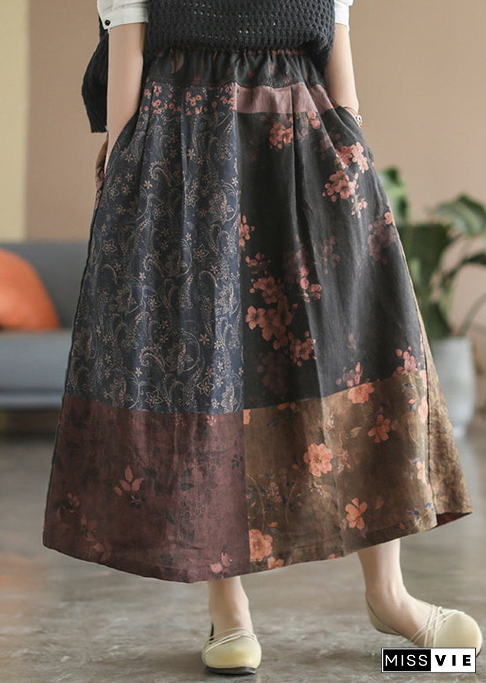 Chocolate Patchwork Linen Skirt elastic waist Spring